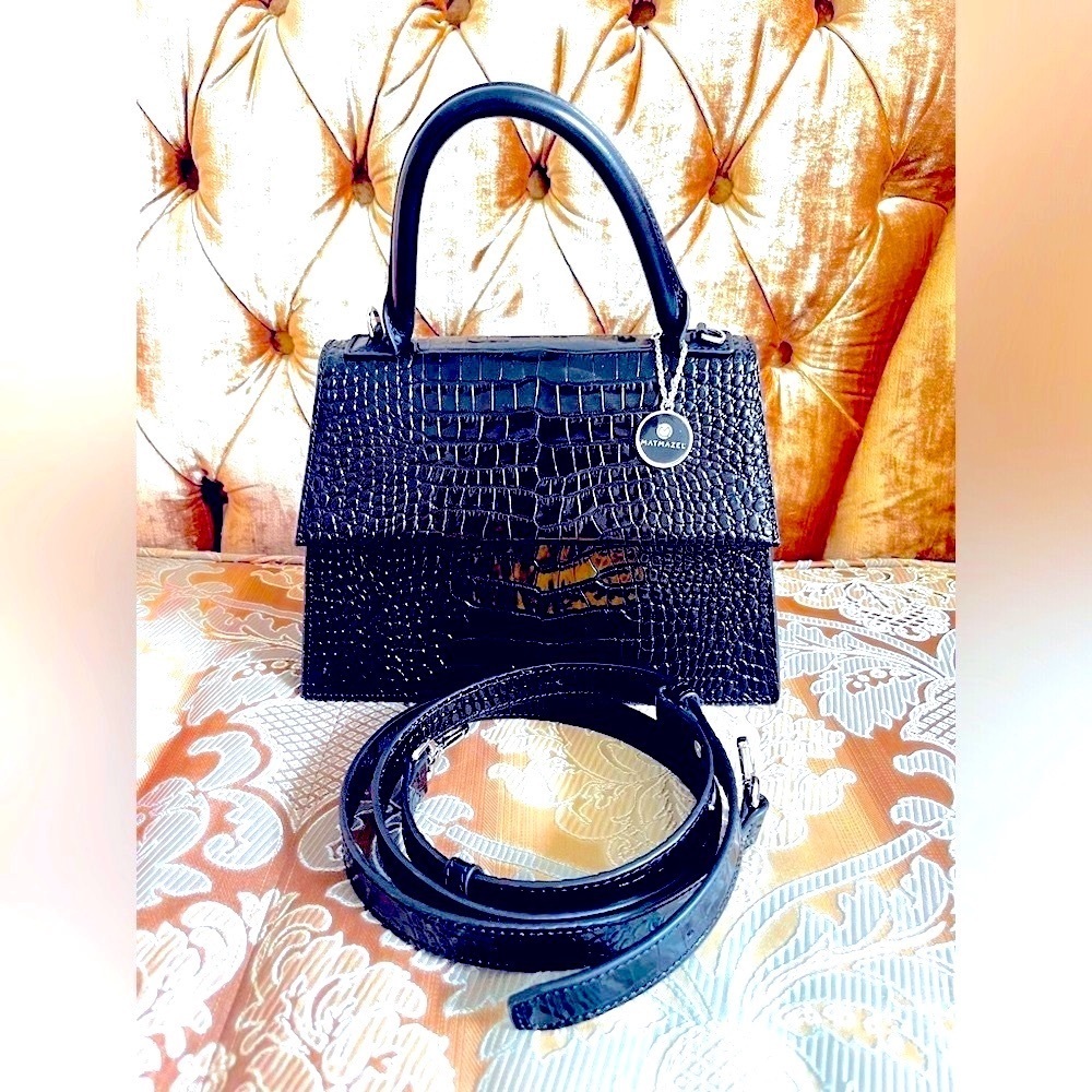 NWT Authentic Matmazel design black snake skin leather hand bag .